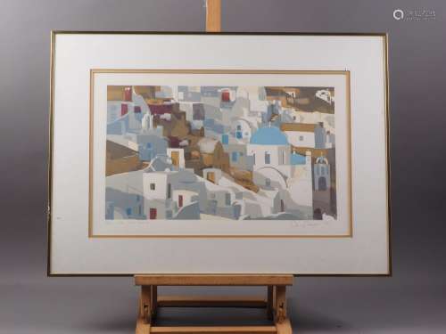 A signed limited edition screen print, Santorini, in brass f...