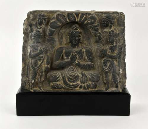 Schist Relief Panel With Seated Buddha with the mudra of tea...