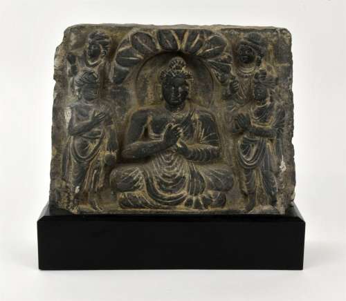 Schist Relief Panel With Seated Buddha with the mudra of tea...