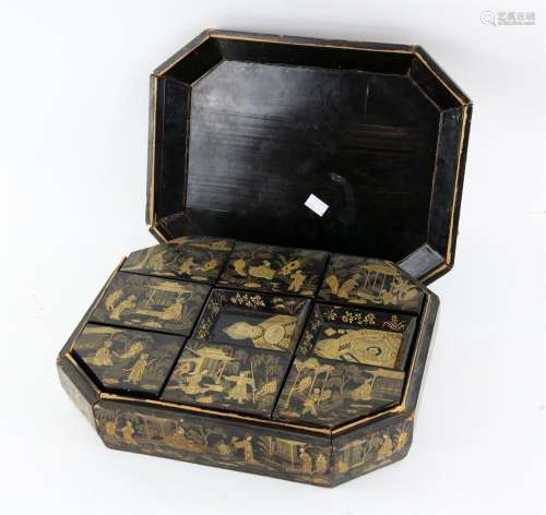 Chinese hexagonal lacquered games box with nine interior com...