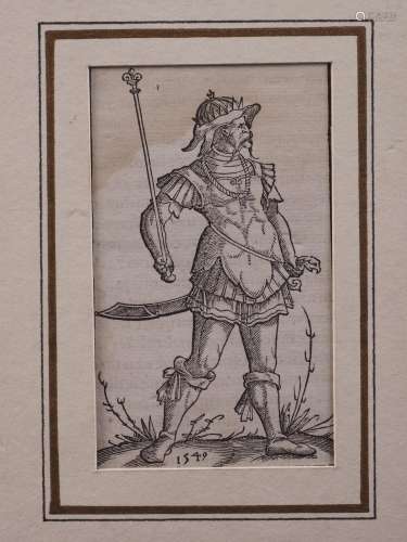 A 16th century wood engraving of a soldier, 4 1/4 x 2 1/2, u...