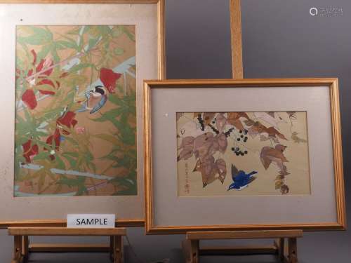 A pair of Japanese woodblock prints, birds and plants, in ha...