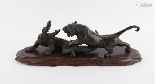 A Japanese Patinated Bronze Tiger Attacking a Crocodile Meij...