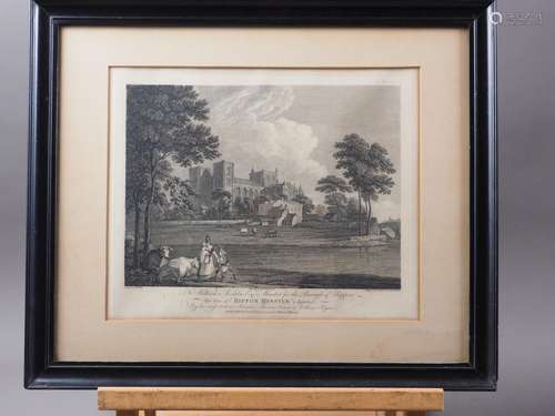 An etching of Fountains Abbey, in ebonised frame, another et...