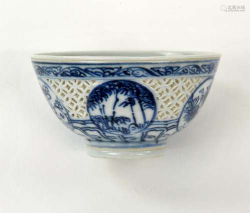 Chinese Blue an White Reticulated Bowl, Transition, 17th cen...