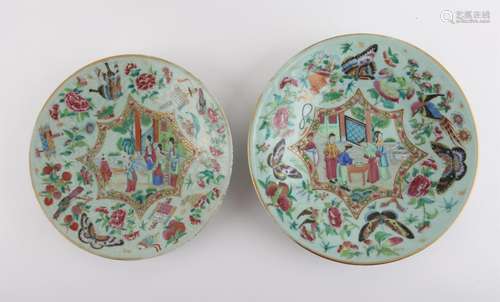 Two Chinese Canton Celadon Famille Rose Plates, Qing dynasty...