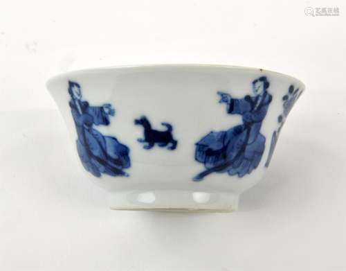 Chinese blue and white cup with a Lady with a Dog. Qing dyna...