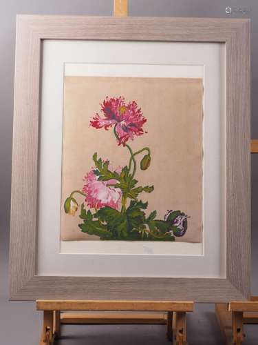 An Oriental watercolour on silk, poppies, 13 x 11, in grey s...