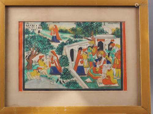 An Indian painting of a Sikh Guru with audience, annotations...