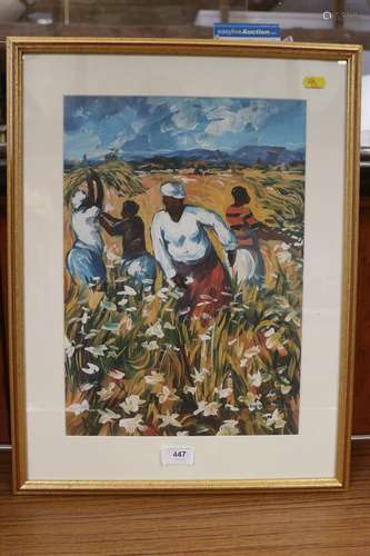 Barry Lungu: a signed colour print, Picking Flowers, in gilt...