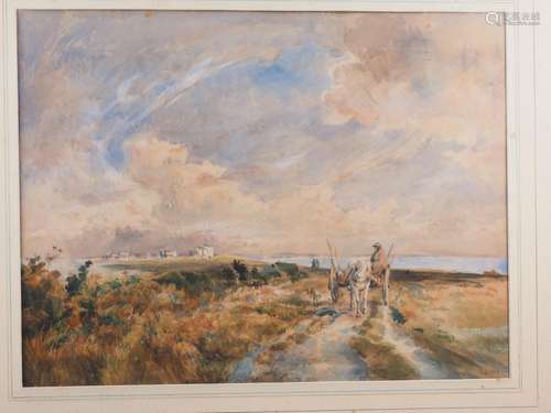 Theo Collier: watercolours, coastal scene with cart and figu...