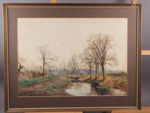 A Willett: watercolours, winter river landscape with stone b...