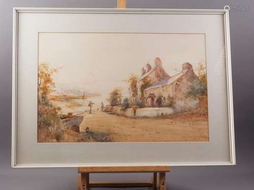 J Hughes Clayton: watercolours, coastal cottages with figure...