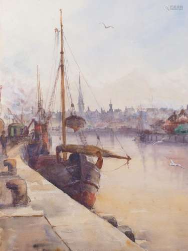 Edith A Hope, 1901: watercolour study, harbour scene, 17 1/2...