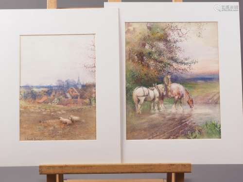 J Thwaite Irving: two watercolour studies, working horses wa...