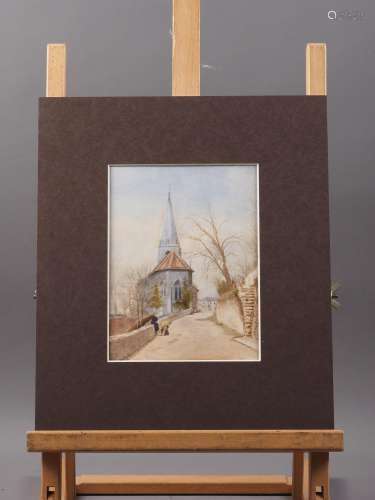 A late 19th century watercolour village scene with church an...