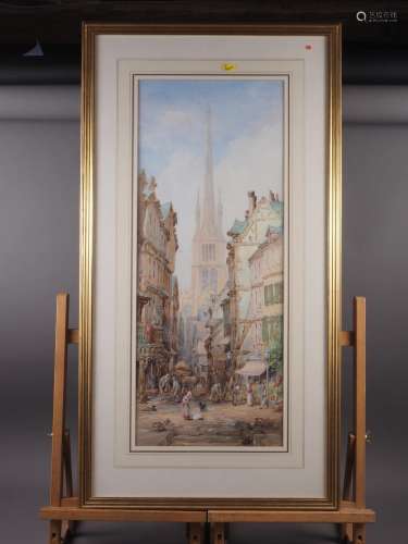 G E Langley: watercolours, Continental street scene, Rouen, ...