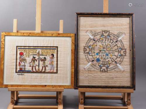 A pair of Egyptian watercolours on papyrus, traditional phar...