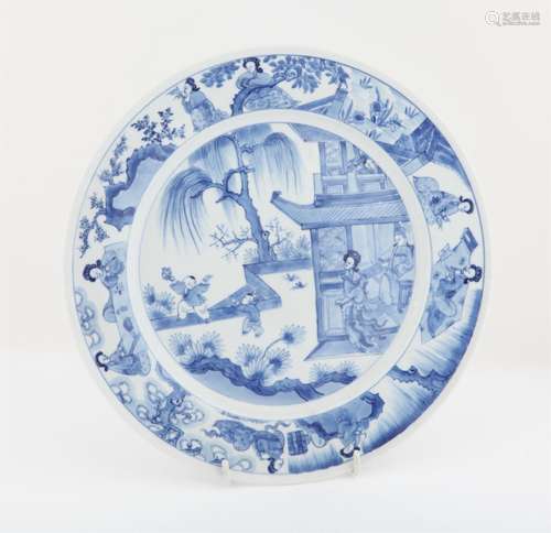 Chinese Blue and White Dish with Figures in a Pavilion and P...