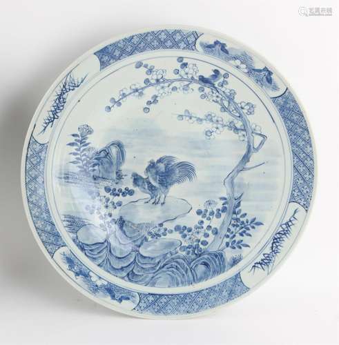 Large Chinese Blue and White Charger with Cockerels, 19th ce...