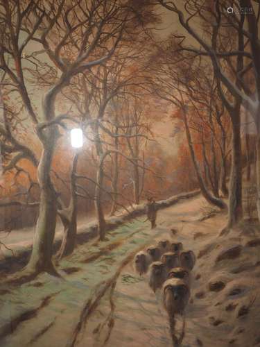 D Sherrin?: oil on canvas, shepherd and sheep in a winter wo...