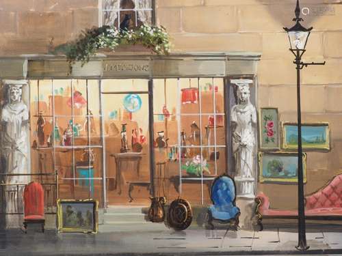 Deborah Jones: oil on board, shopfront, J Meadows, Antiques,...