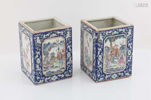 Pair of Chinese Famille Rose Brush Pots, Qing dynasty each s...