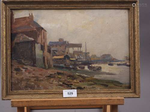 Robert T Mumford: oil on board, harbourside with boats and b...