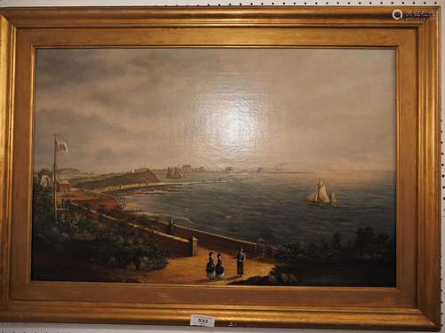 English 19th century Naive School, harbour scene with figure...