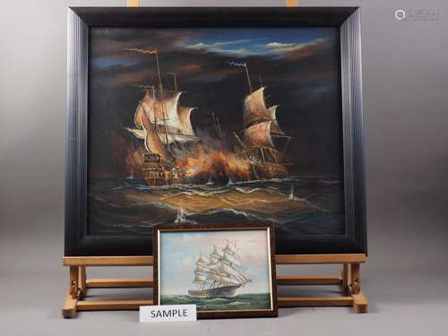 An oil on board 17th century, naval battle, and four other p...