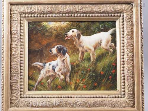 W H Walton: oil on board, two dogs in a landscape, 7 1/4 x 9...