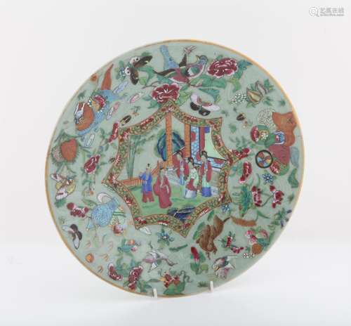 Chinese Celadon Famille Rose Charger, 19th century decorated...