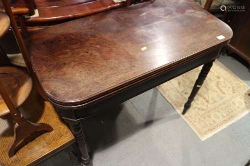 A 19th century mahogany D shape fold-over top card table, on...