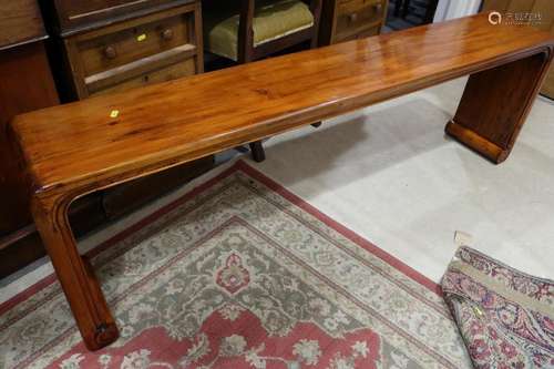 A Chinese carved hardwood scroll end bench, 65 long x 10 dee...