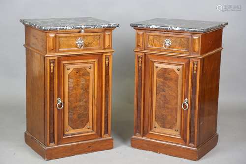 A pair of late 19th/early 20th century French walnut bedside...