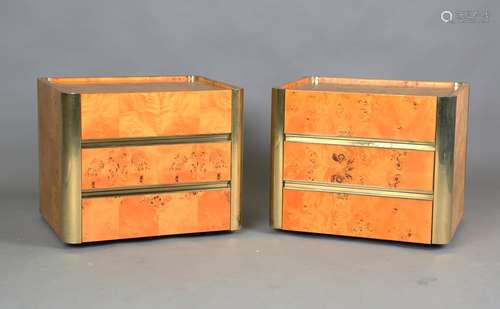 A pair of modern French burr wood and brass mounted bedside ...