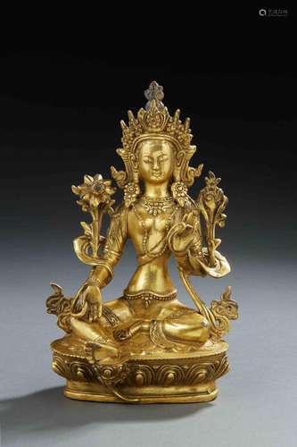 ART SINO TIBETAIN (ou Himalaya) - Figurine en bronze doré fi...