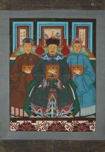 CHINEPortrait de trois dignitaires. Peinture sur tissu. Dim....