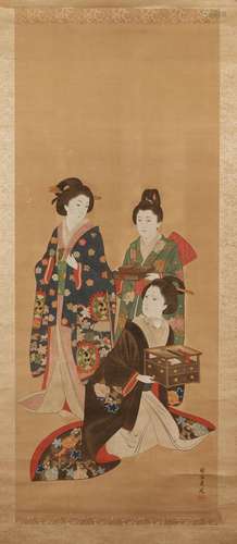 JAPON Peinture sur soie représentant trois bijin (beautés ) ...