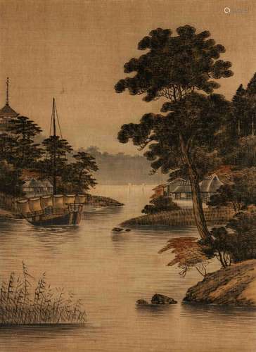 INDOCHINEPaysage lacustre Deux peintures sur tissu