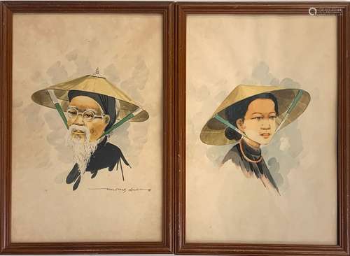 Ecole vietnamiennePortrait d'homme et femmeAquarelles29 ...