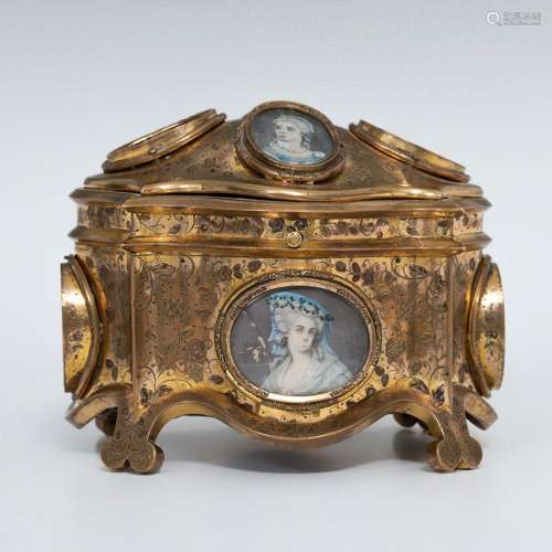 Jewelry Box; France, mid-19th century. Bronze and gouache on...