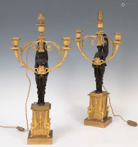 Pair of candlesticks, Empire period; c. 1810. Gilt and blued...