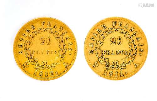 2 x 20 Frs Napoléon Empereur Tête laurée1810, 1811, Atelier ...