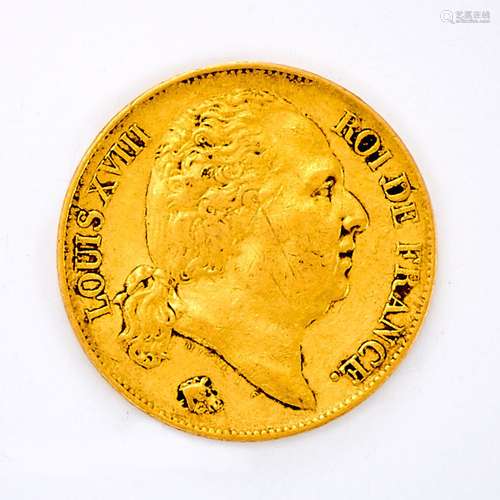 20 Frs Louis XVIII, tête nue, 1818, Atelier W (Lille) Pb : 6...