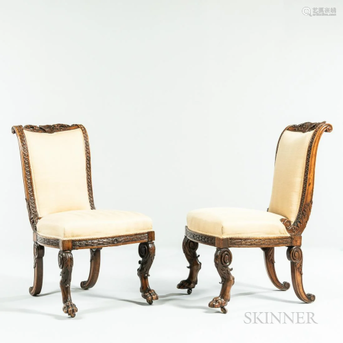 Pair of Italian Walnut Hall Chairs, c. 1830, carved crest fe...