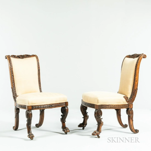 Pair of Italian Walnut Hall Chairs, c. 1830, carved crest fe...