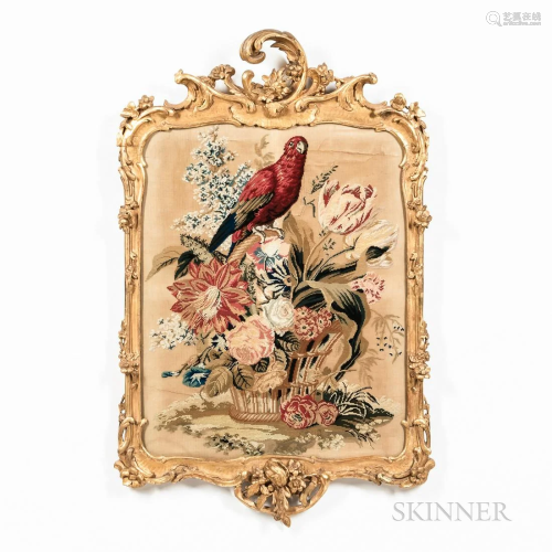 English Petit Point of a Parrot, c. 1840, gros and needlewor...