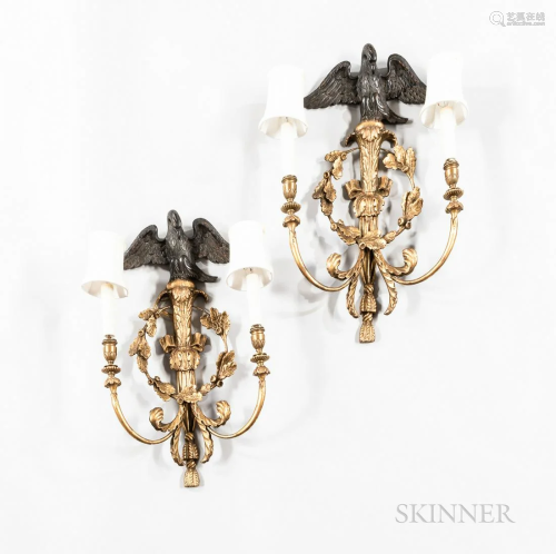 Pair of George III-style Giltwood Two-light Sconces, England...