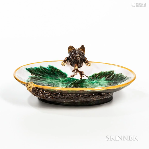 George Jones Majolica Fox Dish, England, c. 1870, oval shape...